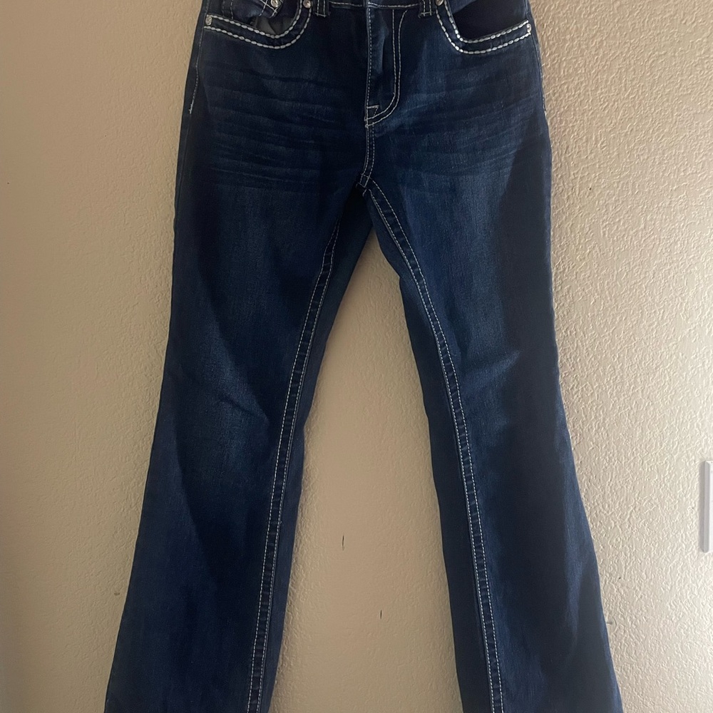 Dark Blue Flared Jeans with White Stitching